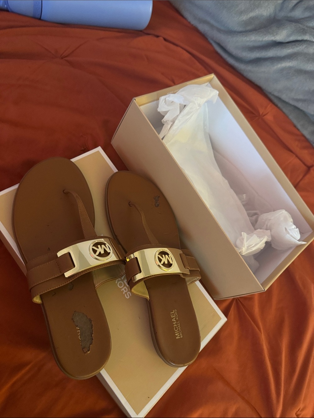 Michael Kors Brown Leather Slide Sandals with Gold MK Emblem